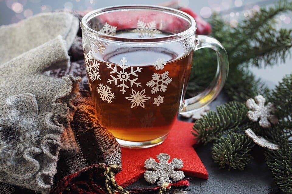 tea cup in a christmas setting.