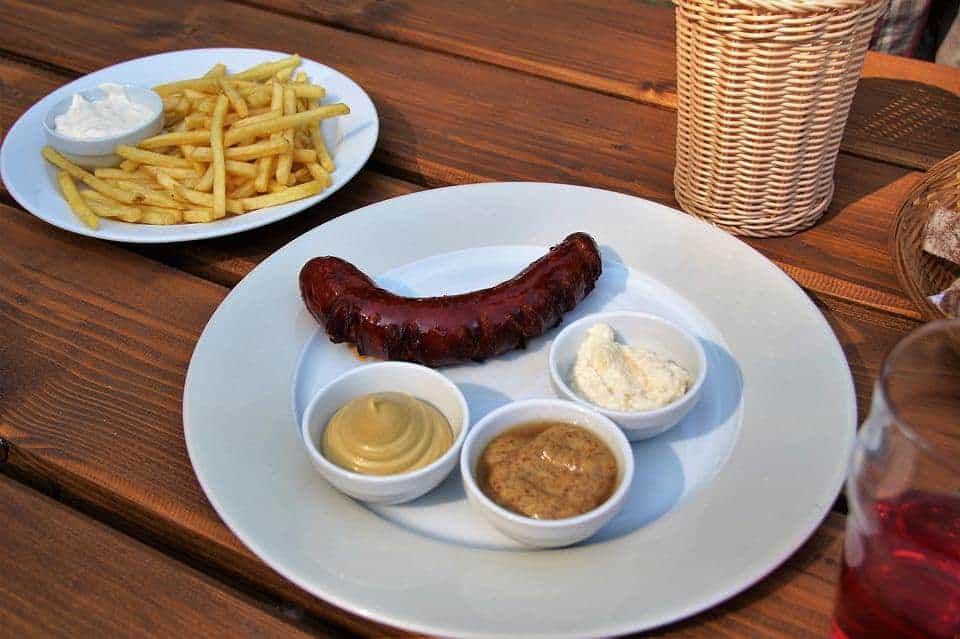 Sausage with dips.