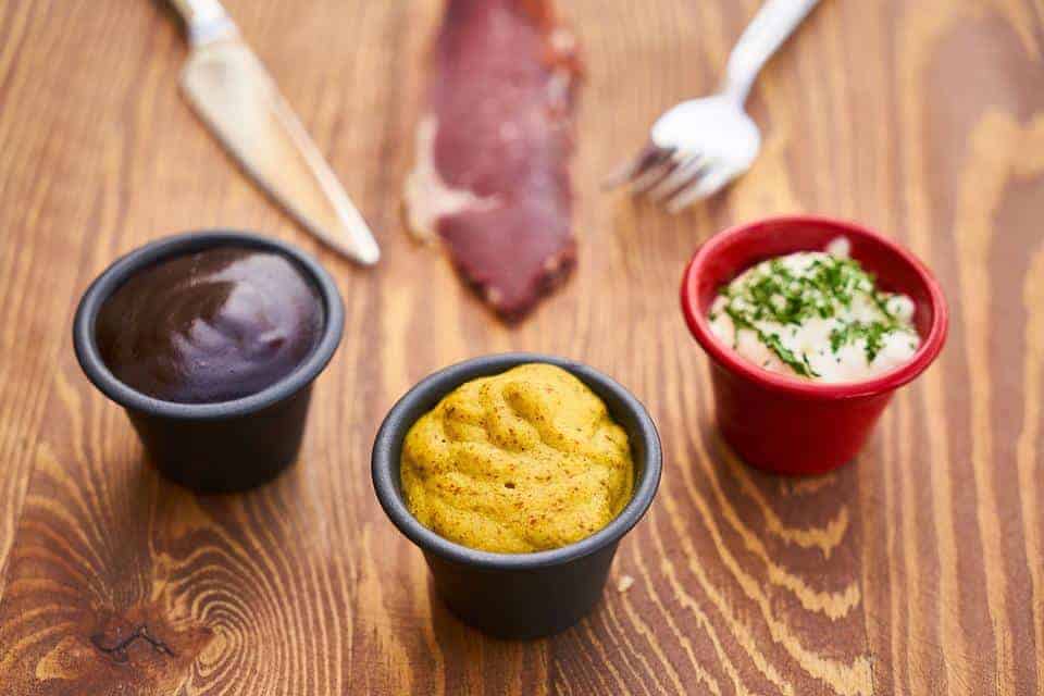 Sauces in a tiny bowls.