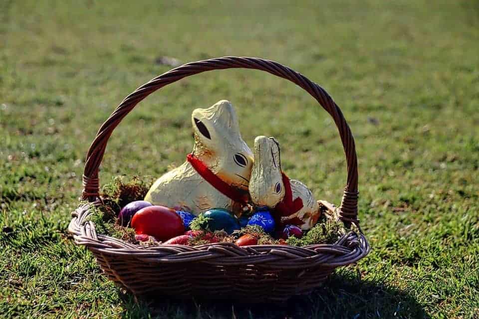 Easter basket with lamb shaped chocolates.