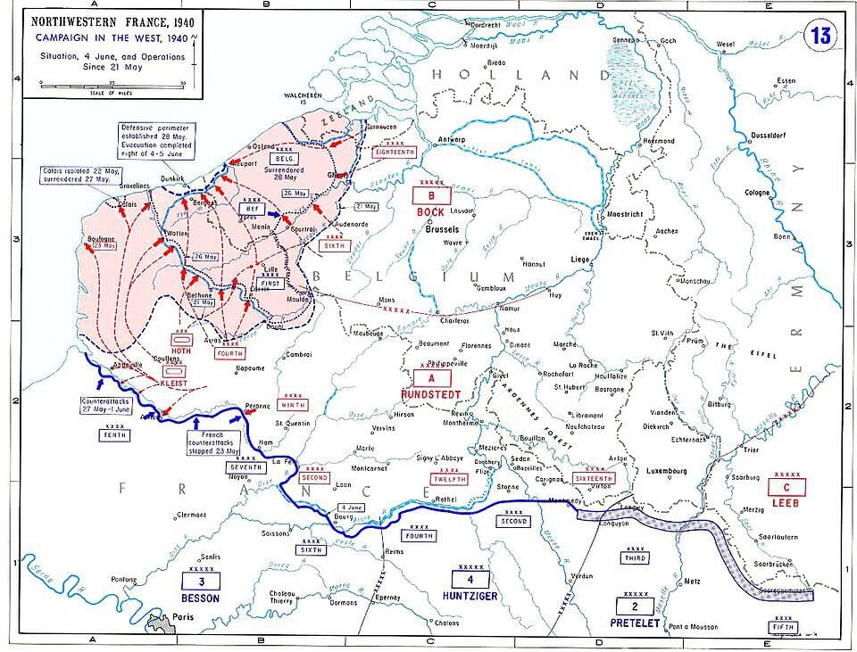 Kaart van Noordwest-Frankrijk op 4 juni 1940 met militaire bewegingen sinds 21 mei tijdens de Slag om Frankrijk.