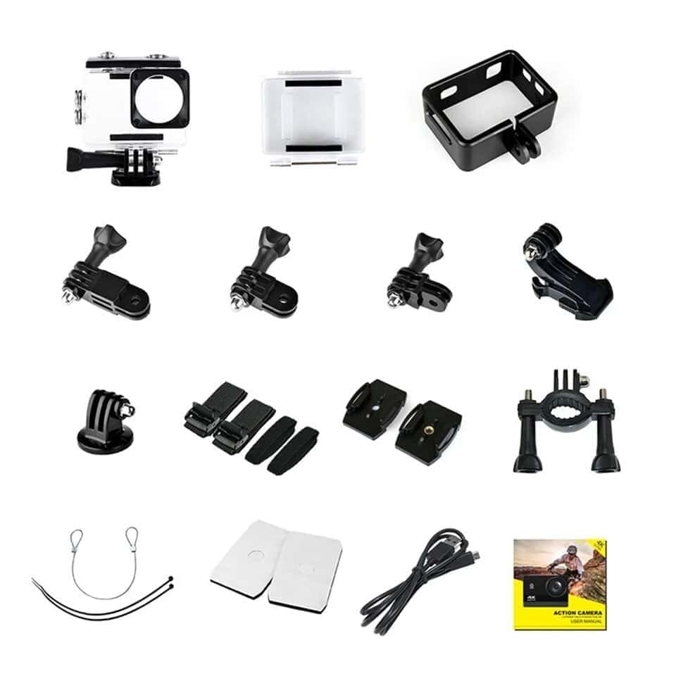 Versatile action camera accessories kit for sports and outdoor activities, includes mounts, clips, straps, and a camera user manual for travel and adventure filming.