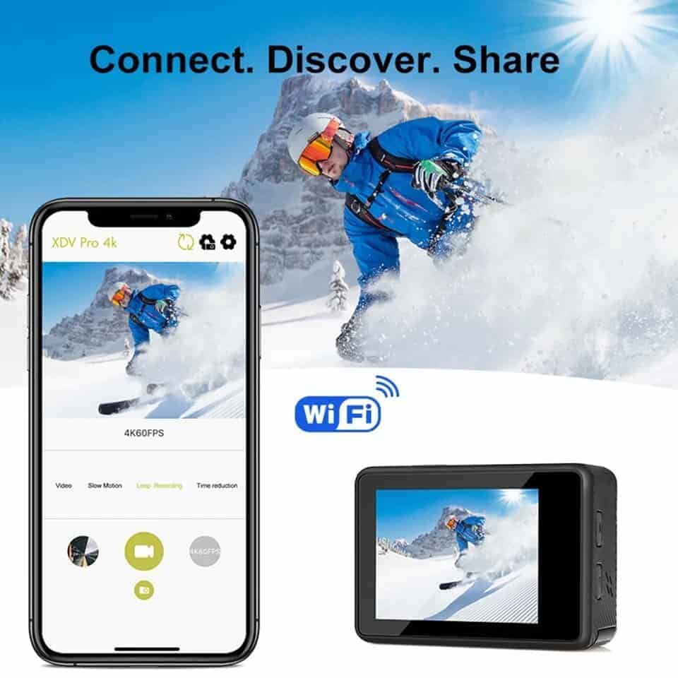 4K action camera with WiFi, ideal for capturing winter sports like skiing in snowy mountain environments, available on Hot Deals LB.