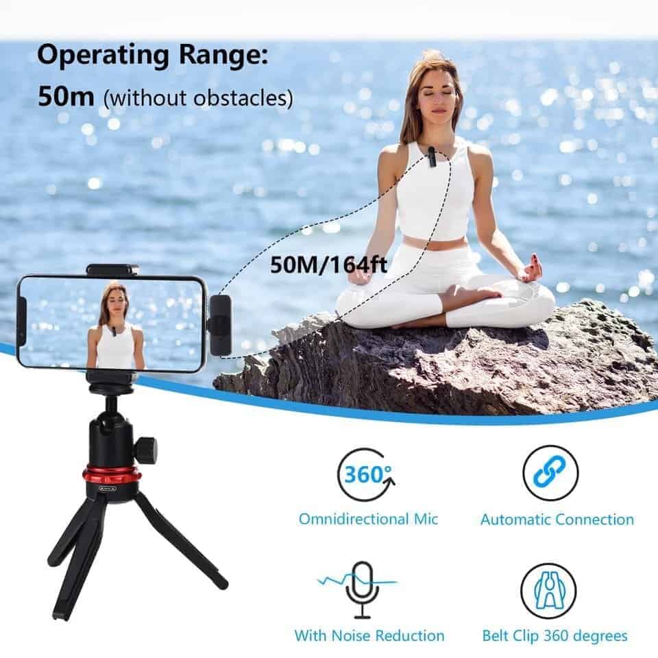 High-quality smartphone video recording setup with 50m/164ft wireless range, 360° omnidirectional mic, automatic connection, noise reduction, and belt clip for hands-free use at Hot Deals LB.