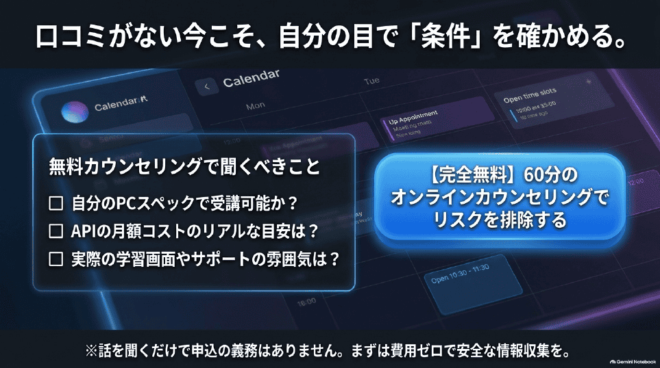 カウンセリングで確認したいAPIなどの追加費用、有料プラン、分割総額、案件相談の質問一覧