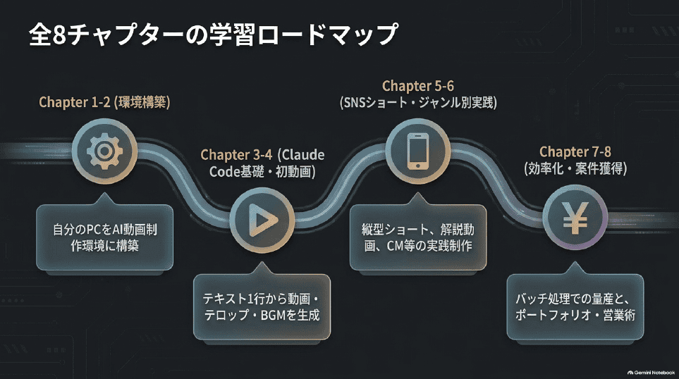 環境構築からClaude Codeの基礎、SNS動画制作、量産、ポートフォリオと営業までの8チャプター