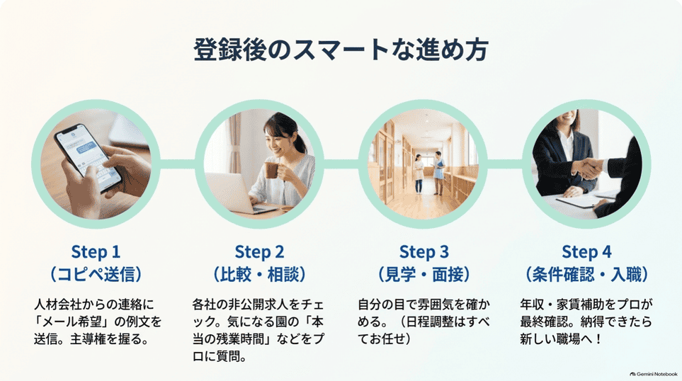 メール連絡から求人比較と相談と見学や面接と条件確認や入職までの流れ
