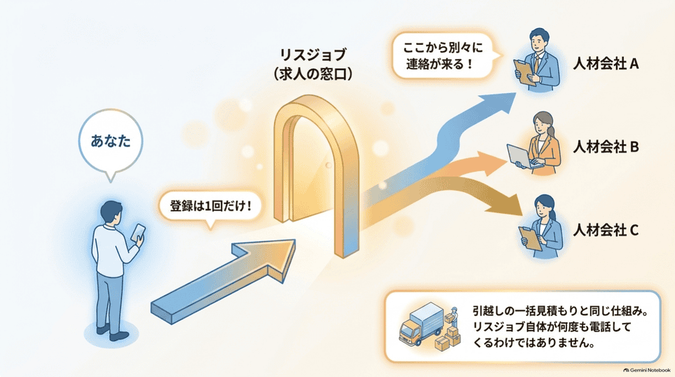 リスジョブを窓口に最大3社の人材会社へ登録し各社から連絡が来る仕組み