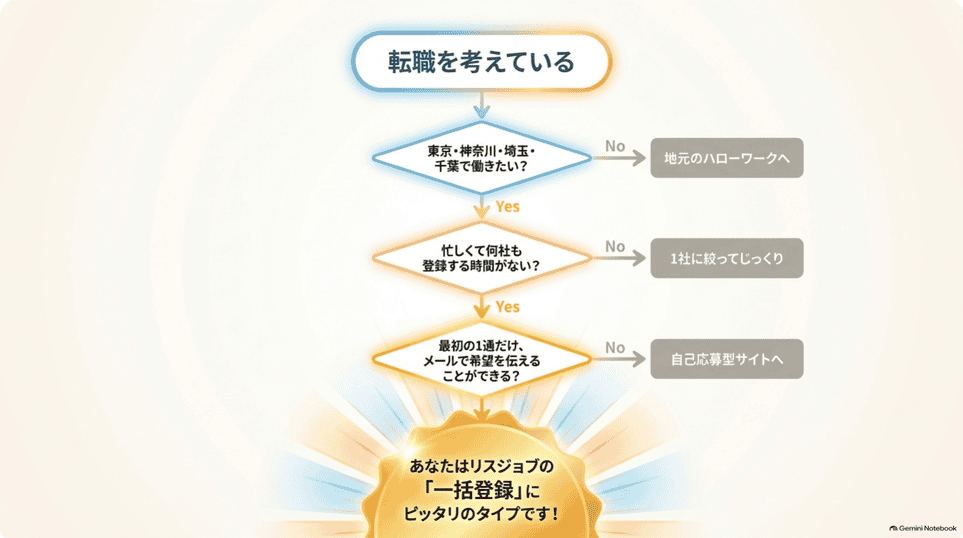 勤務地と登録時間と連絡対応の可否からリスジョブの適性を判断するフローチャート