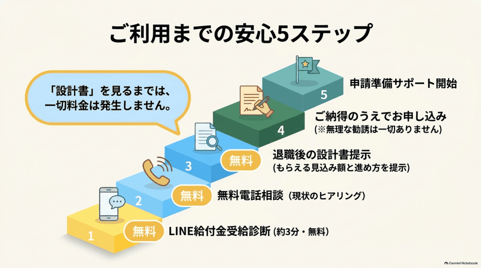 LINE無料診断から電話相談、設計書の提示、申し込み、申請準備サポートまでの流れ