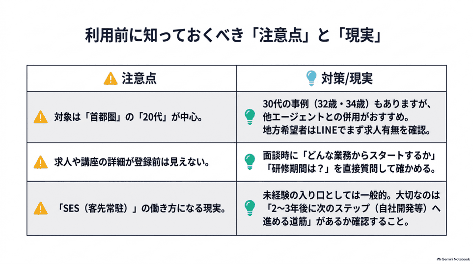 JSキャリア利用前に確認したい対象地域、求人と研修内容、SESの注意点