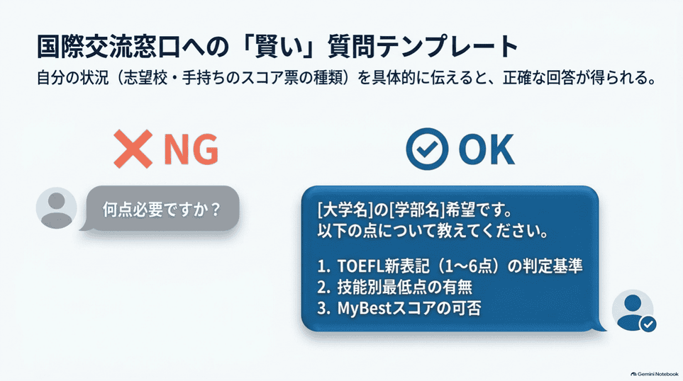 国際交流部署へTOEFL新表記や技能別条件を具体的に問い合わせる例