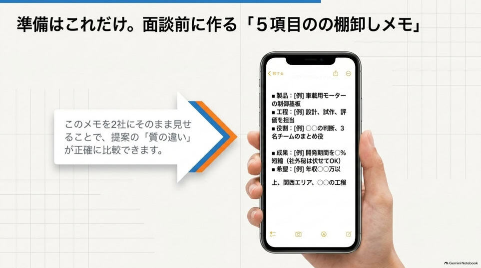 製品・工程・役割・成果・希望の5項目を記入する面談前メモ