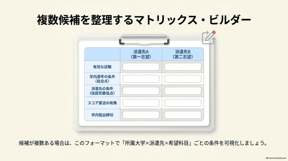 複数の派遣先大学の英語条件を比較する確認表の例