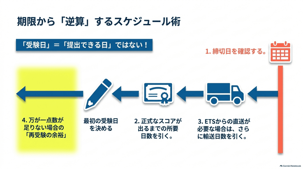 交換留学の英語試験日を正式スコアの提出期限から逆算する図