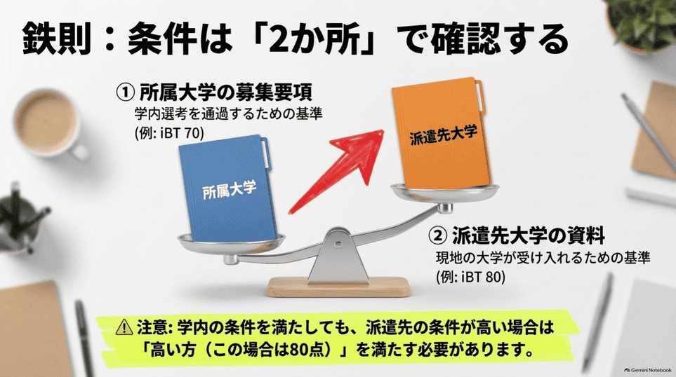 交換留学の英語スコアは所属大学と派遣先大学の2つの条件を確認する図