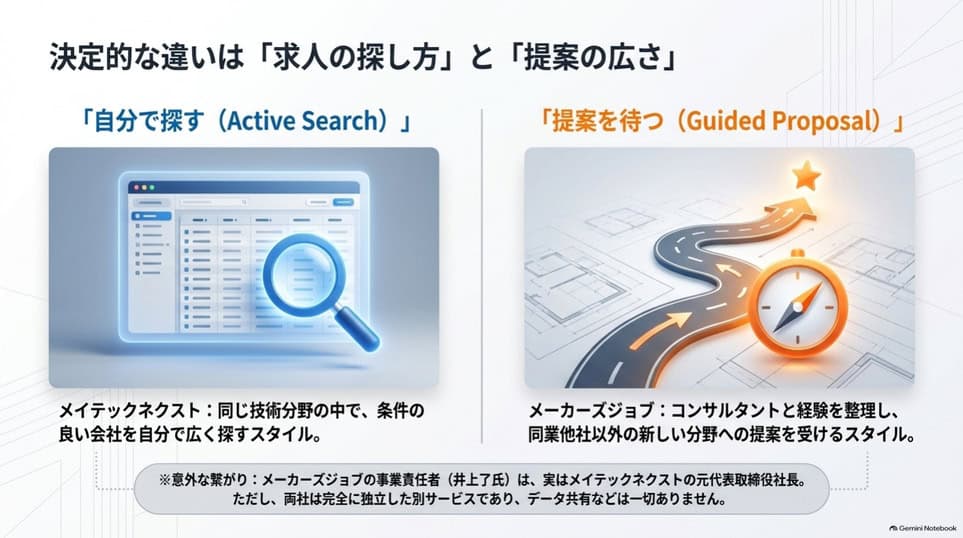 メイテックネクストは自分で求人検索、メーカーズジョブは面談後の提案で探す違い