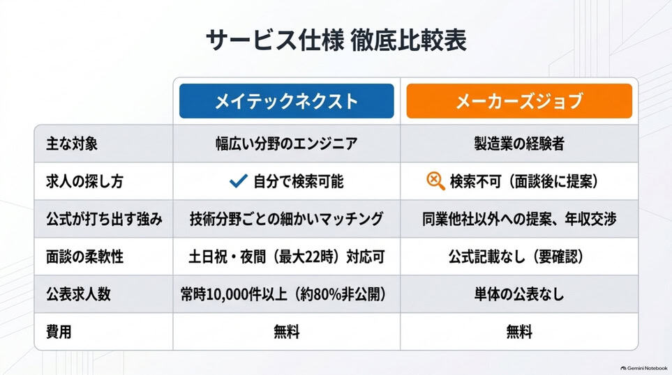 メイテックネクストとメーカーズジョブの対象者・求人検索・面談・求人数・費用の比較表