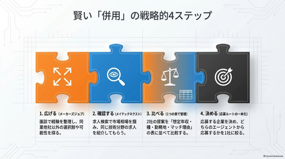 メーカーズジョブ面談からメイテックネクスト求人確認、提案比較、応募先決定までの4ステップ