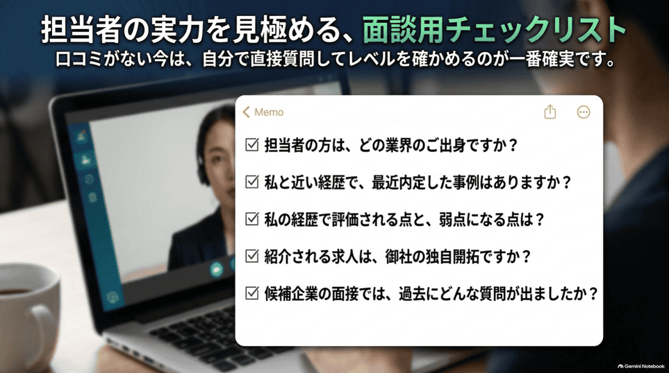 業界プロ.comの初回面談で担当者の経験や紹介求人について確認する質問リスト
