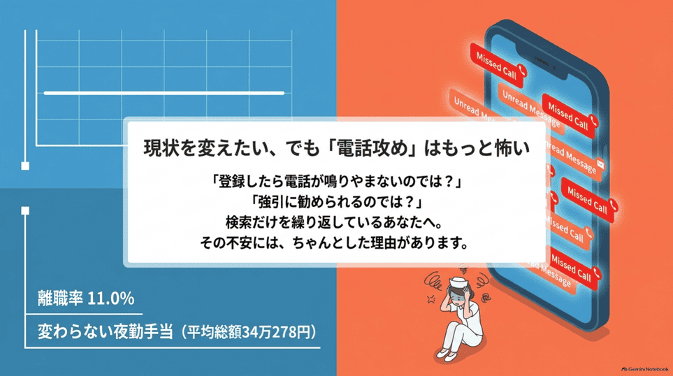 電話が増える不安と看護師の給与停滞を示す図