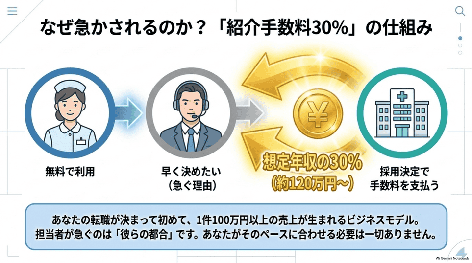採用決定時に病院が支払う想定年収30％の紹介手数料の仕組み