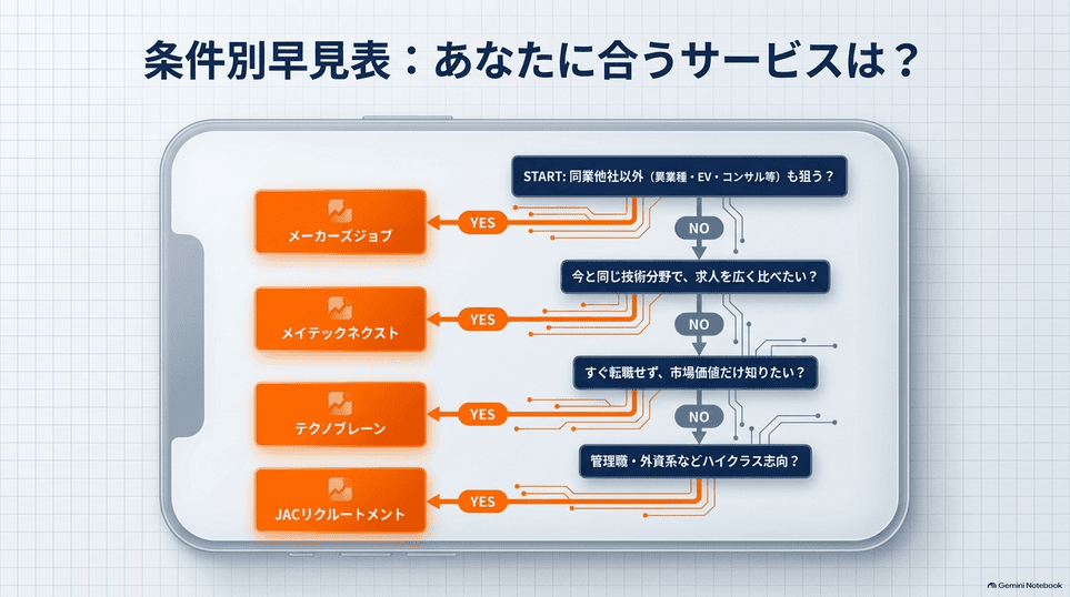 異業種転職、同分野の求人比較、市場価値、管理職の希望別に相談先を選ぶフロー