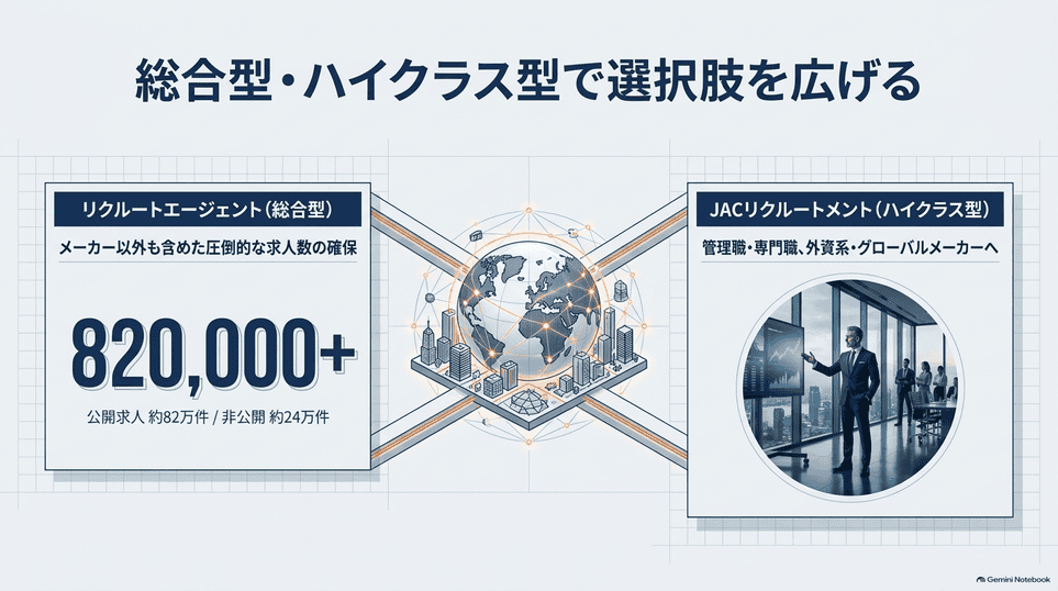 リクルートエージェントの求人規模とJACリクルートメントの管理職・専門職支援