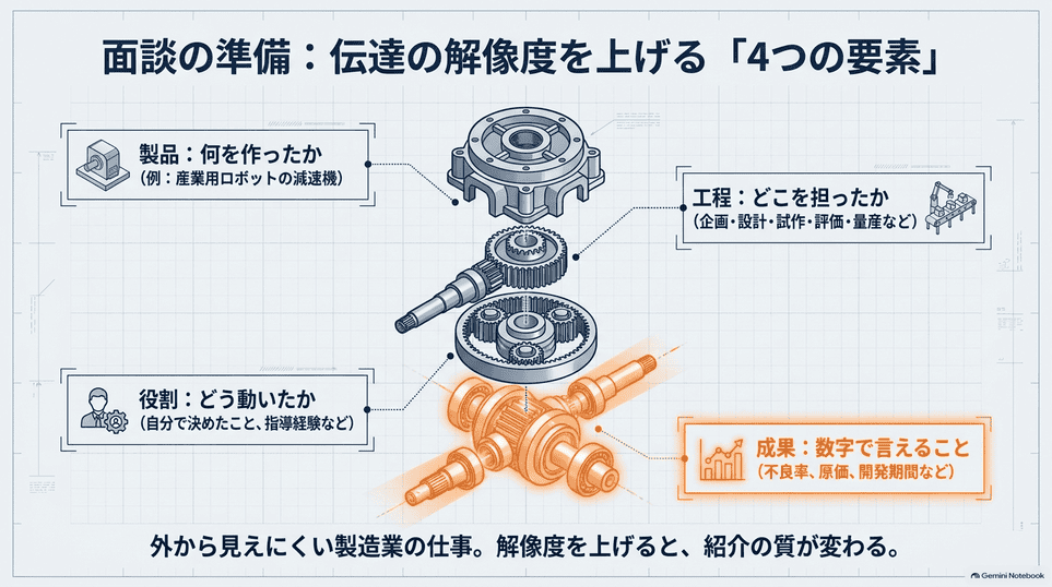 面談前に整理する製品・工程・役割・成果の4要素