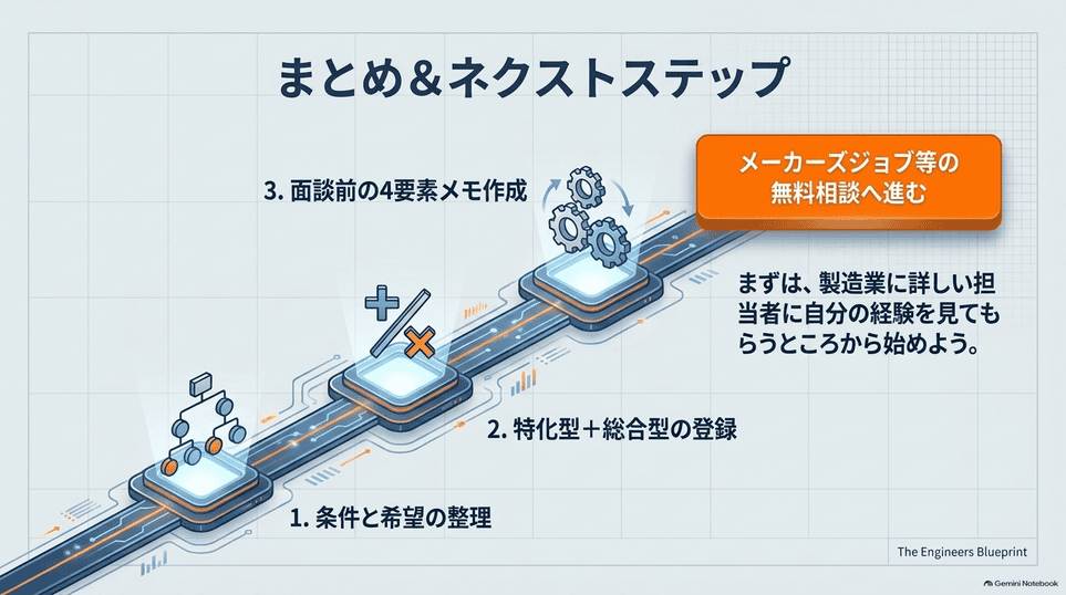 希望条件の整理、特化型と総合型への登録、面談準備から無料相談へ進む手順