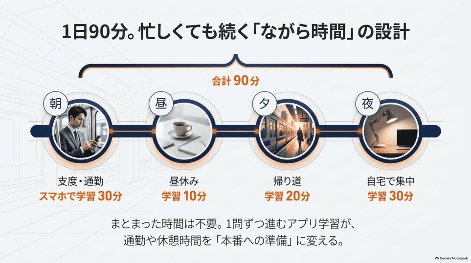 朝30分と昼10分と帰り20分と夜30分に分ける学習例