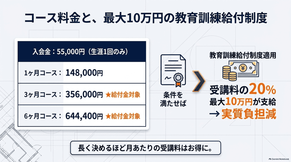 ReSparkの入会金とコース受講料および条件付き教育訓練給付制度
