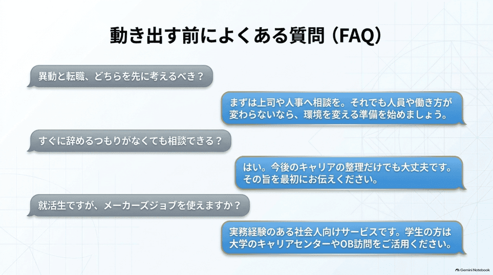 生産技術の異動・転職、相談時期、学生のサービス利用に関するFAQ