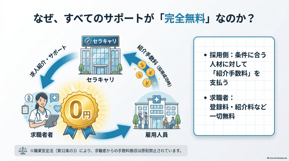 採用側が紹介手数料を支払い、求職者の登録や紹介は無料となる仕組み