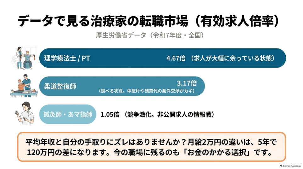 理学療法士4.67倍、柔道整復師3.17倍、鍼灸師等1.05倍の求人倍率と転職戦略