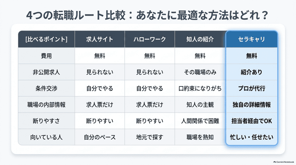 求人サイト、ハローワーク、知人紹介、セラキャリの費用や交渉、内部情報の比較