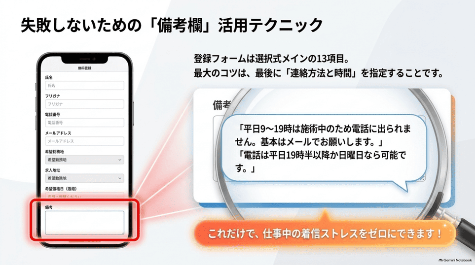 登録フォームの備考欄にメール連絡や電話可能な時間帯を記載する例