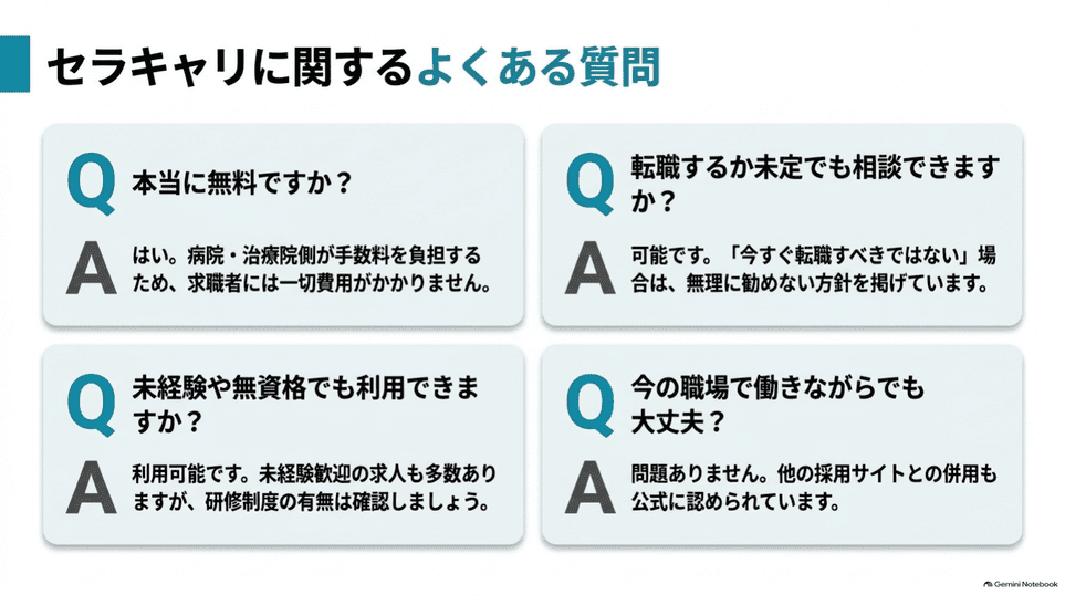 利用料金、相談のみの利用、未経験や無資格、在職中の登録に関するFAQ