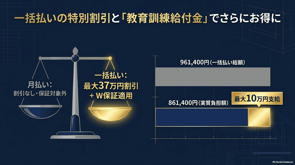 月払いは割引と保証の対象外、一括払いは特別割引と保証が適用される比較