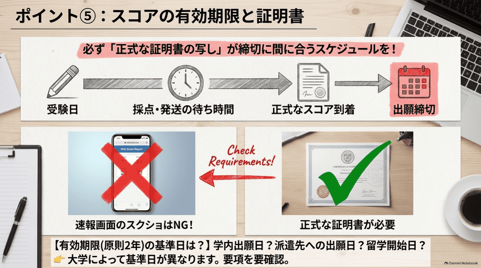 受験日から正式なスコア証明書の提出締切までの流れ