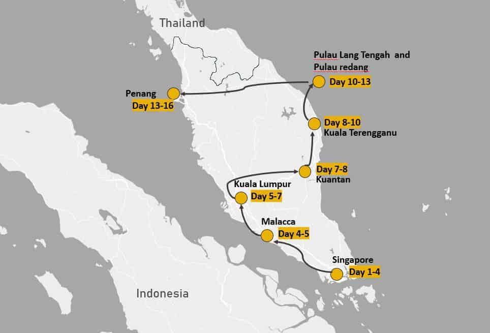 Malaysia road trip from Singapore map