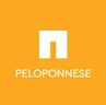 Mythical Peloponnese Logo. Yellow with white block building and in white the word PELOPONNESE