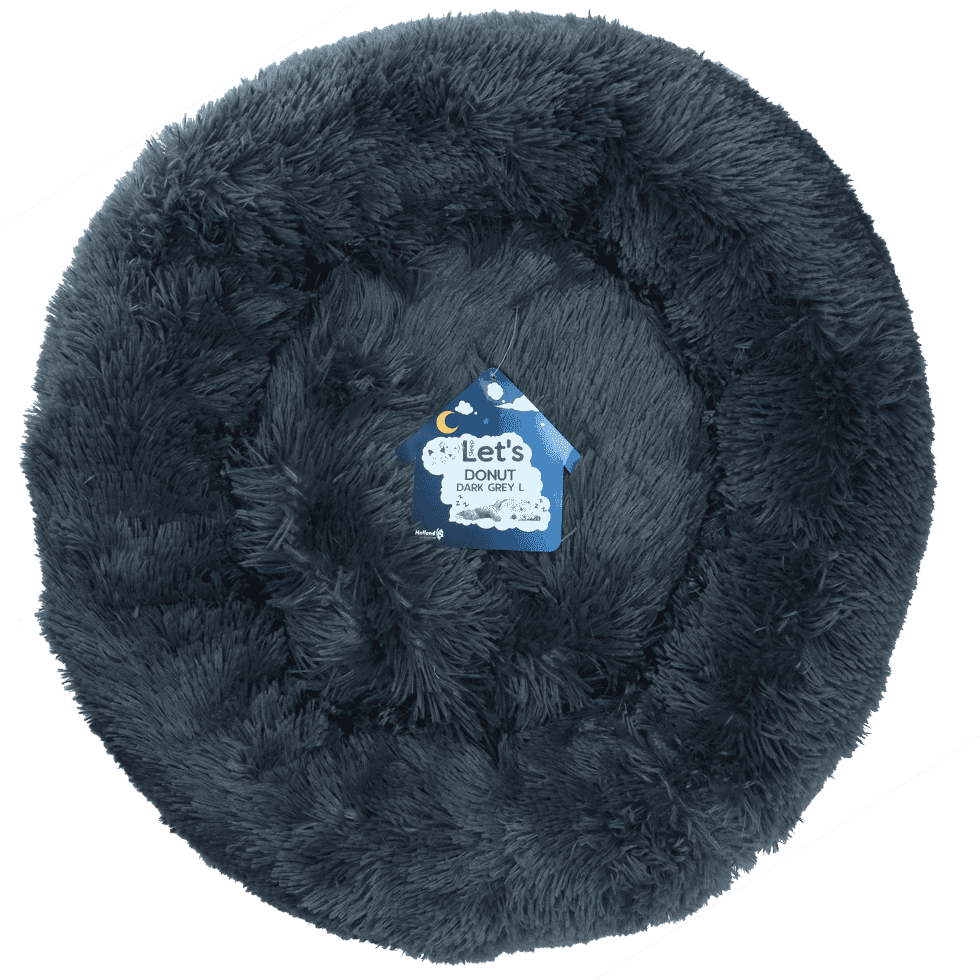 Donut kattenbed donkergrijs, zacht en knuffelbaar voor huisdieren.