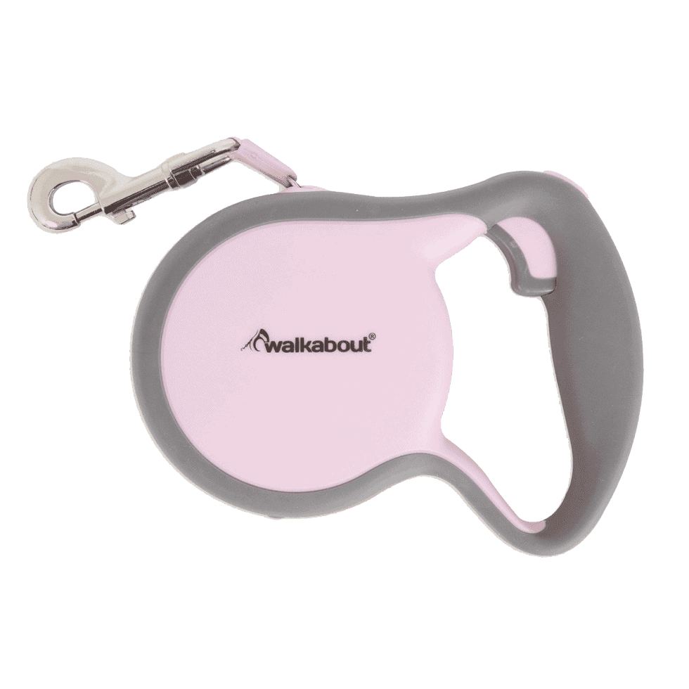 Lichtroze en grijze retractable hondenriem voor veilige wandeling.