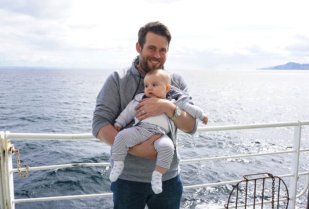 Baby and Dad on a ferry on the way to Isle of Arran