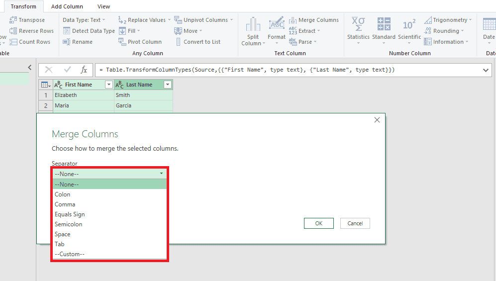 Select separator to merge columns