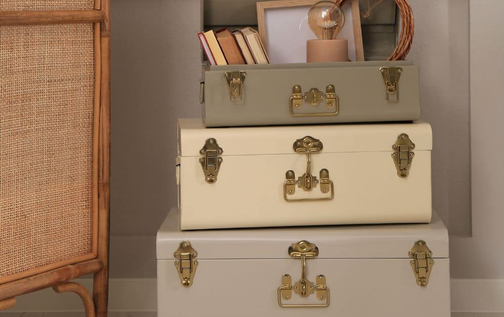 Decorative storage trunks stacked in a living room