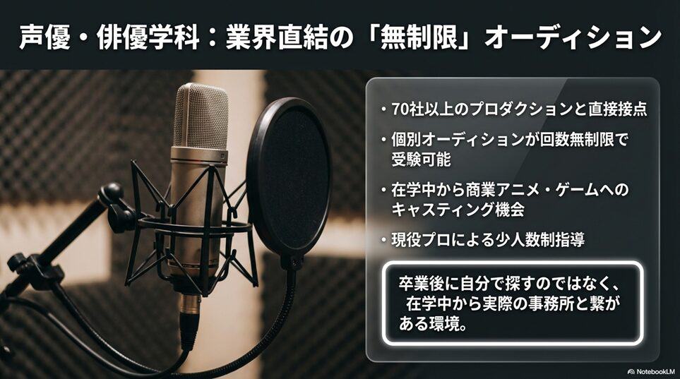 アミューズメントメディア総合学院の全8学科のカリキュラムと向いている人「声優・俳優学科——業界直結の70社以上オーディション」