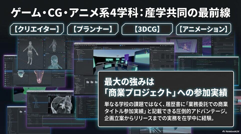 アミューズメントメディア総合学院の全8学科のカリキュラムと向いている人「ゲーム・CG・アニメ系学科——産学共同の最前線」