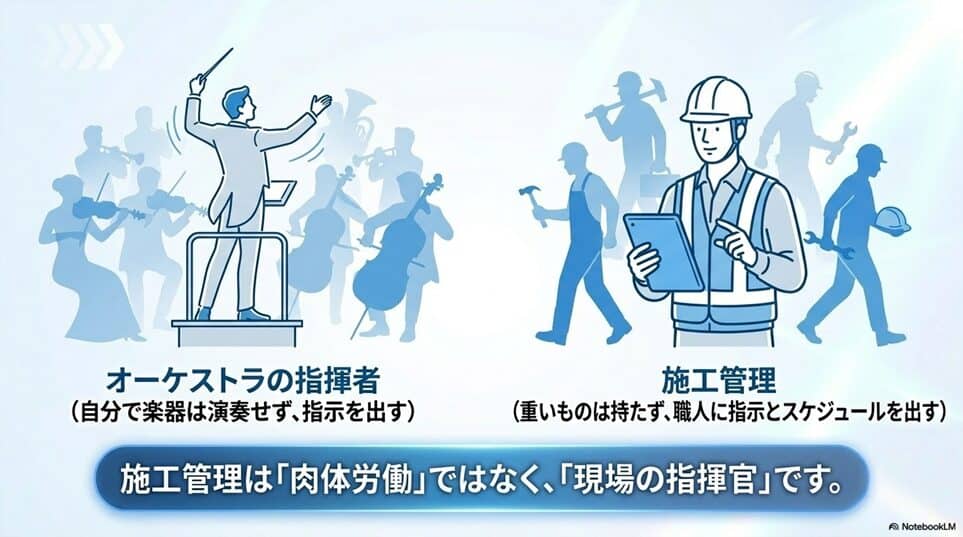 「施工管理って、きつい肉体労働じゃないの？」という誤解を解きます「施工管理の仕事は「現場の指揮官（監督）」です」